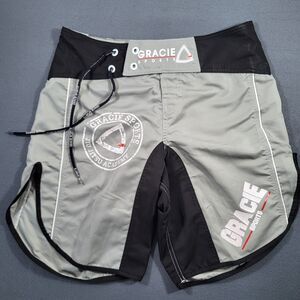 Gracie Jiu-Jitsu Fight Shorts Mens Small/Medium 32x8 Gray Black Drawstring Strap